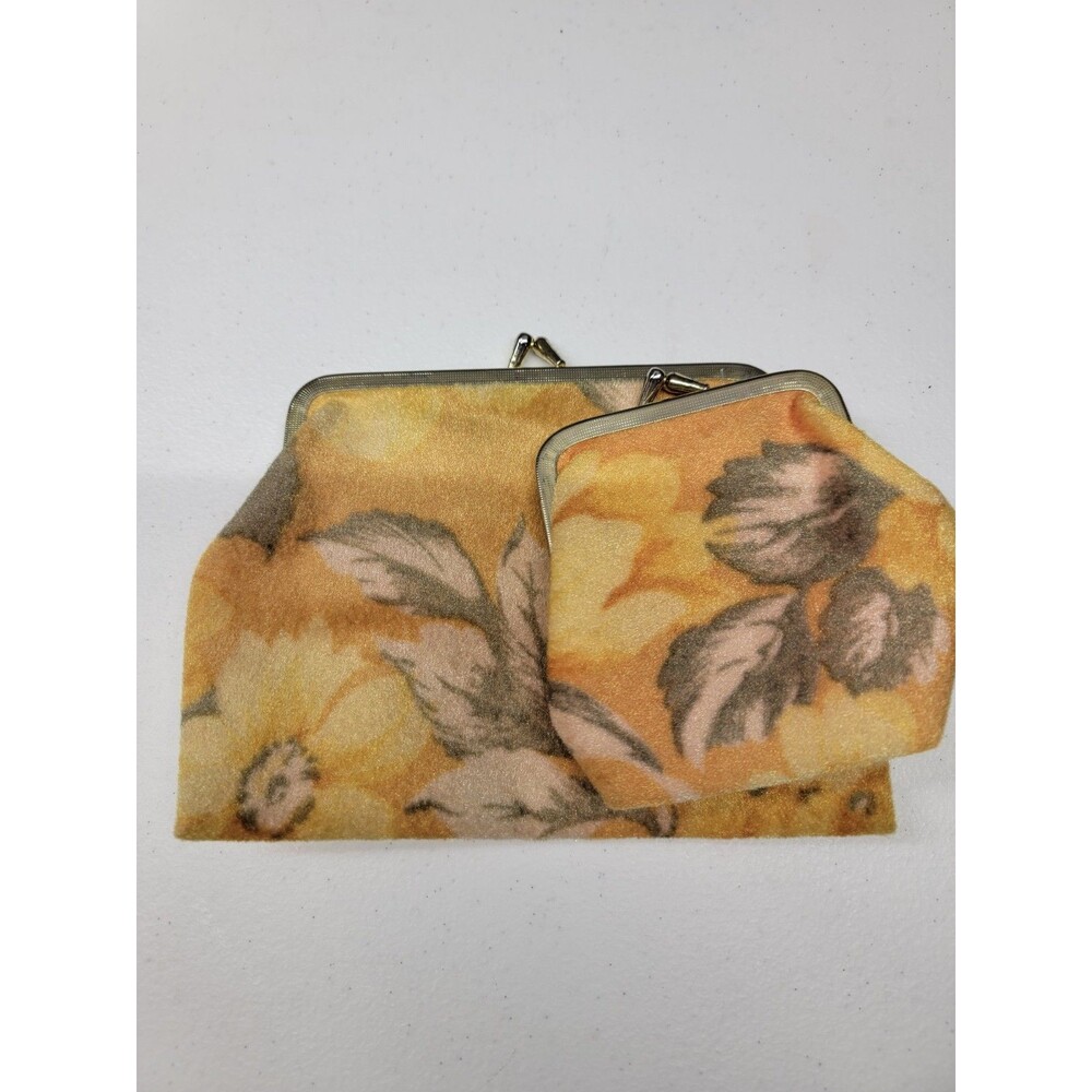 VTG 70's Velvet Chenille Floral Purse Clutch Coin Bag Brass Clasp  Set